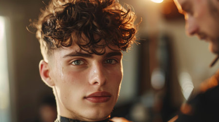 Young Man With Curly Hair Getting a Haircut at a Barbershop During Afternoon Hours Under Warm Lighting. Generative AIの素材