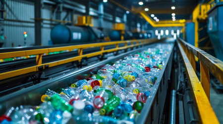 Sorting of Plastic Bottles Takes Place in a Modern Recycling Facility During Daylight Hours to Promote Environmental Sustainability and Reduce Waste Accumulation. Generative AIの素材