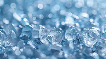 Sparkling Blue Glass Fragments Scattered in Natural Light Create a Dazzling and Textured Visual Effect at Close Range in a Peaceful Setting. Generative AIの素材