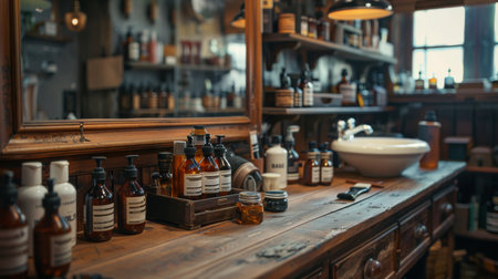 Rustic Grooming Space With Natural Products and Vintage Decor in a Cozy Barbershop Atmosphere During Daylight Hours. Generative AIの素材