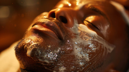 Relaxation Ritual Featuring a Man Enjoying a Facial Treatment in a Serene Spa Environment During the Afternoon. Generative AIの素材