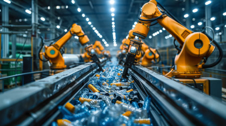 Robotic Arms Efficiently Sorting Plastic Waste in a Modern Recycling Facility During Daytime Operations in an Industrial Setting. Generative AIの素材