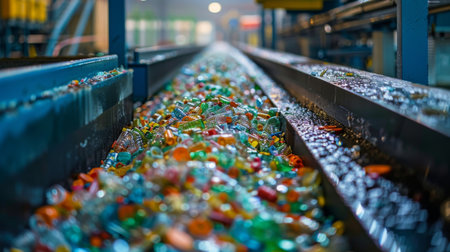 Recycling Facility Processing a Large Number of Plastic Bottles at Night With Vibrant Colors and Water Accumulation on the Conveyor Belt. Generative AIの素材