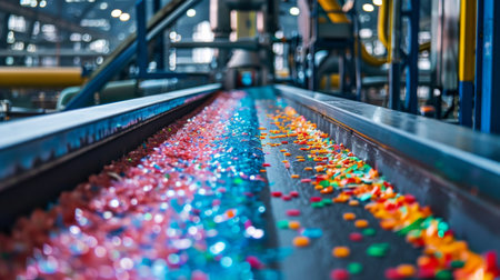 Colorful Plastic Fragments on Conveyor Belt in Recycling Facility During Busy Processing Shift. Generative AIの素材