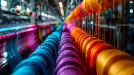 Colorful Threads Arranged in a Textile Factory During Production With Vibrant Shades of Purple, Orange, and Blue Highlighting the Artistry of Weaving. Generative AIの素材