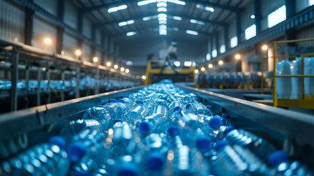 Bottles Move Along a Conveyor Belt in a Modern Recycling Facility During the Busy Workday With Employees Overseeing Operations. Generative AIの素材
