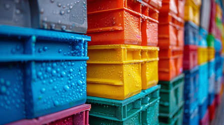 Brightly Colored Storage Boxes With Rain Droplets Arranged in Neat Rows During a Cloudy Day. Generative AIの素材