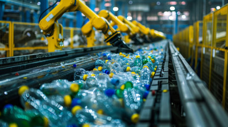 Innovative Recycling Plant Using Robotic Technology to Sort Plastic Bottles in an Efficient Manner. Generative AIの素材