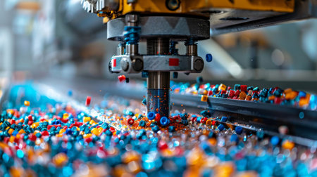Precision Manufacturing Process Involves a Machine Drilling Into Colorful Plastic Granules in a Modern Factory Setting. Generative AIの素材
