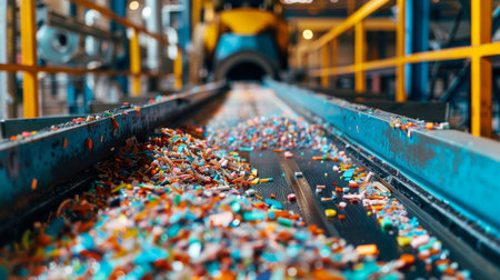 Vibrant Colored Pellets Travel on a Conveyor Belt in a Busy Factory While Machinery Operates in the Background. Generative AIの素材
