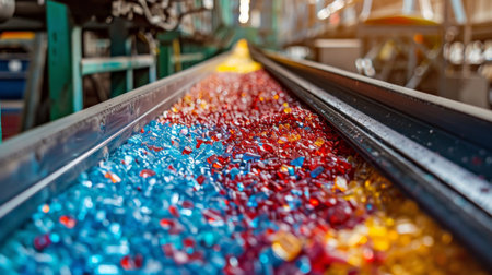 Colorful Assortment of Candies Flowing Along Conveyor Belt in Workshop During Bright Daylight Hours. Generative AIの素材