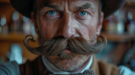 Portrait of a Man With a Prominent Mustache Dressed in Vintage Attire in a Retro Bar Setting During the Evening. Generative AIの素材