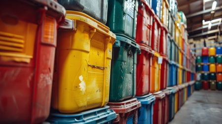 Colorful Storage Bins Stacked in a Warehouse for Efficient Organization and Easy Access to Various Items. Generative AIの素材