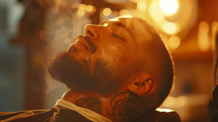 Relaxation Moment for a Man With a Beard Enjoying a Barber Service in an Atmospheric Barbershop During the Evening Hours. Generative AIの素材