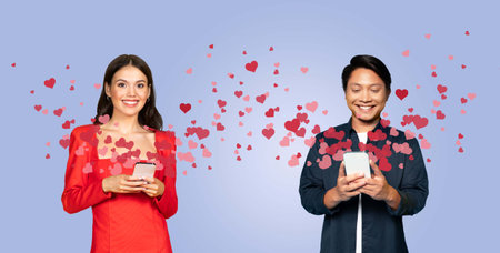 A couple smiles at their smartphones, exchanging affectionate messages on St