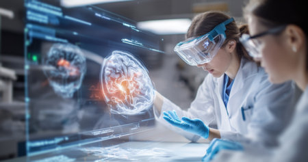 Interns conduct research on brain activity using advanced technology in medical lab. Generative AIの素材