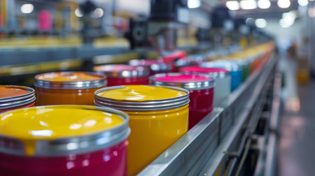 Brightly Colored Paint Cans on a Conveyor Belt in a Manufacturing Facility During Daytime Operations. Generative AIの素材