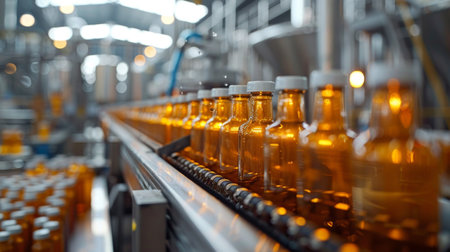 Production Line in a Pharmaceutical Facility With Amber Bottles Moving Along the Conveyor Belt During Daytime Operations. Generative AIの素材