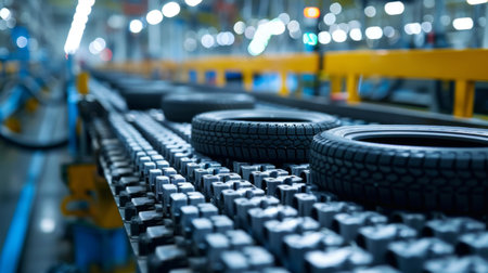 Production Line in a Tire Manufacturing Facility Showcasing Tires Moving Along a Conveyor System With Industrial Machinery in a Well Lit Environment. Generative AIの素材