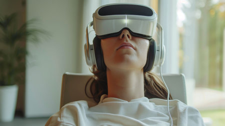 Enjoying Digital Therapy for Mindfulness and Mental Health With Virtual Reality Technology in a Calm Setting. Generative AIの素材