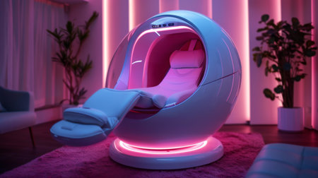Innovative Digital Therapy Pod Designed for Mindfulness and Mental Health Therapy in a Modern Interior Environment. Generative AIの素材