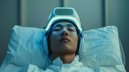 Innovative Digital Therapy Session Utilizing Mindfulness Technology for Mental Health Improvement in a Serene Environment. Generative AIの素材