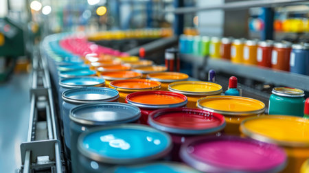 Colorful Paint Cans on a Conveyor Belt in a Manufacturing Facility During Daylight Hours. Generative AIの素材