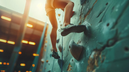 Climber Ascending Indoor Rock Wall During Late Afternoon Training Session in Bright Facility. Generative AIの素材