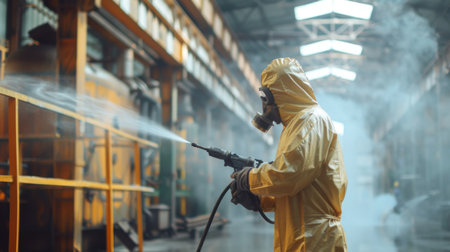 Worker in Protective Gear Sprays Disinfectant in Industrial Facility During Daytime to Ensure Cleanliness and Safety From Potential Contaminants. Generative AIの素材