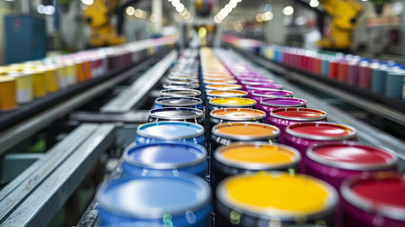 Colorful Paint Cans Arranged in a Factory Production Line Showcasing Vibrant Hues During Daylight Operations in a Modern Manufacturing Facility. Generative AIの素材
