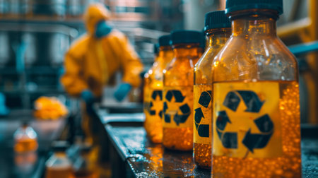 Workers in Protective Gear Manage Recycled Materials in a Processing Facility During the Afternoon Shift. Generative AIの素材