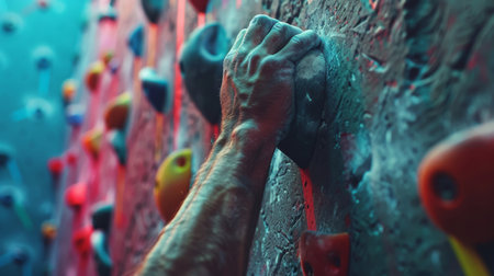 Climber Reaching for a Grip on a Vibrant Indoor Climbing Wall in an Engaging Training Session During the Afternoon. Generative AIの素材