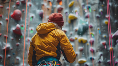 Climber Prepares to Start a Challenging Ascent at a Colorful Indoor Climbing Wall During a Snowy Day in a Gym. Generative AIの素材