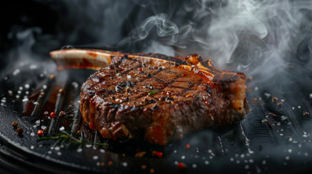 Sizzling Steak on a Grill With Smoke Rising and Spices Sprinkled Around for Flavor Enhancement. Generative AIの素材
