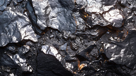 Dark, Reflective Rock Formation Shows Intricate Patterns and Textures Under Bright Lighting. Generative AIの素材