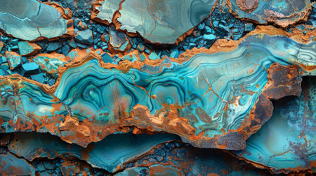Stunning Layers of Agate Displaying Intricate Patterns of Turquoise and Copper Minerals Found in a Remote Geological Region. Generative AIの素材