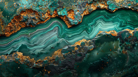 Vibrant Geological Pattern With Green and Gold Layers Showcasing Natural Beauty and Texture From a Stunning Mineral Formation. Generative AIの素材