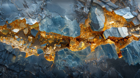 Natural Mineral Formation Showcasing Vibrant Golden Veins Against Cool Blue and Gray Textures Highlighting Geological Beauty. Generative AIの素材
