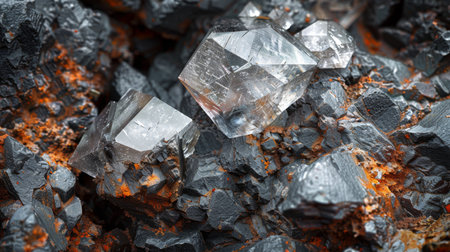 Sparkling Clear Crystals Resting on Rough Dark Rock Displaying Intricate Shapes and Textures Under Natural Light in a Mineral Rich Environment. Generative AIの素材