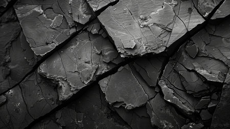 Textured Black Slate Surface Showcasing Natural Cracks and Layers Created Over Time, Highlighting Geological Processes and Unique Patterns. Generative AIの素材
