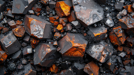 Unique Black and Orange Mineral Formations Scattered on Rocky Terrain in Natural Light. Generative AIの素材