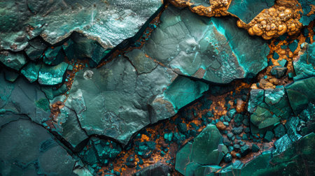 Vibrant Texture of Malachite and Chalcopyrite Minerals Showcasing Natural Patterns and Colors in Rich Green and Golden Hues. Generative AIの素材