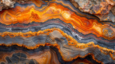 Colorful Banded Stone Displays Intricate Patterns Showcasing Fiery Hues of Orange and Deep Gray in a Natural Rock Formation Found in a Geological Site. Generative AIの素材