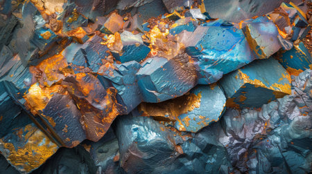 Colorful Natural Mineral Formation Displaying Vibrant Blues, Golds, and Shimmering Textures in Intricately Layered Rock. Generative AIの素材
