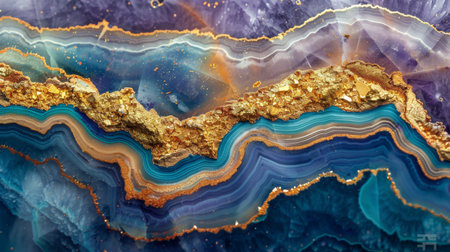 Striking Close Up View of Agate Stone Displaying Vibrant Bands of Blue, Orange, and Gold With Intricate Patterns. Generative AIの素材