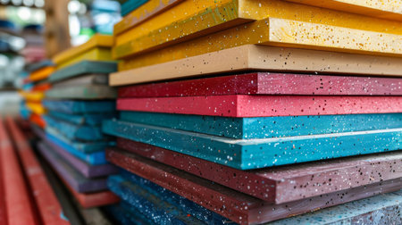 Colorful Stacks of Painted Wooden Boards in Workshop Display Vibrant Hues and Textures for Creative Projects. Generative AIの素材