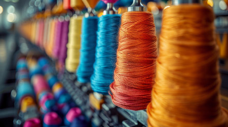 Colorful Spools of Thread Neatly Arranged in a Textile Workshop Showcasing Vibrant Hues During Daylight Hours. Generative AIの素材