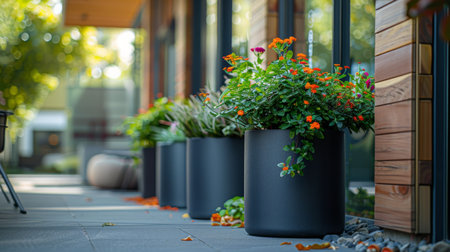 Brightly Colored Flowers in Modern Planters Enhance the Exterior of a Contemporary Building During Sunny Weather. Generative AIの素材