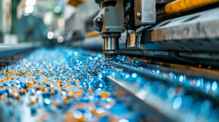 Manufacturing Process of Vibrant Plastic Pellets on a Production Line in a Factory During Daytime. Generative AIの素材