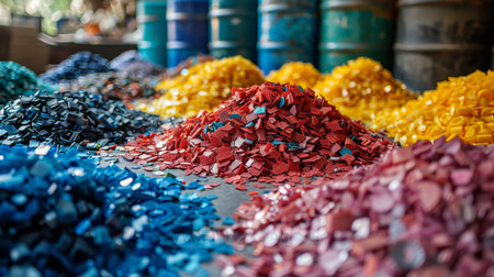 Colorful Piles of Recycled Plastic Granules Displayed in an Industrial Workshop During the Afternoon. Generative AIの素材